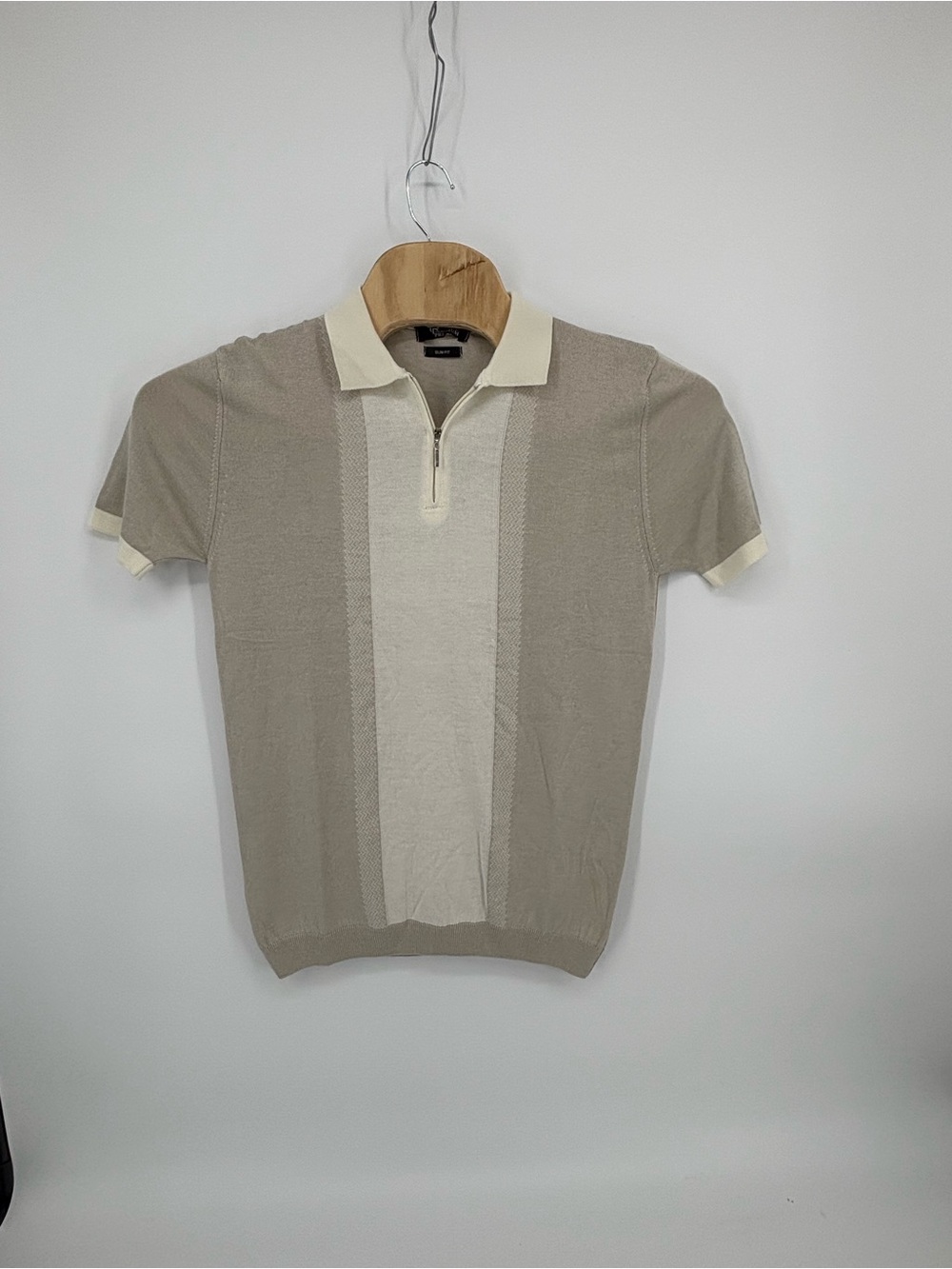 TR Premium Tailored Recreation Knit Polo Shirt L Slim NWT Sand Beige Mod Zipper